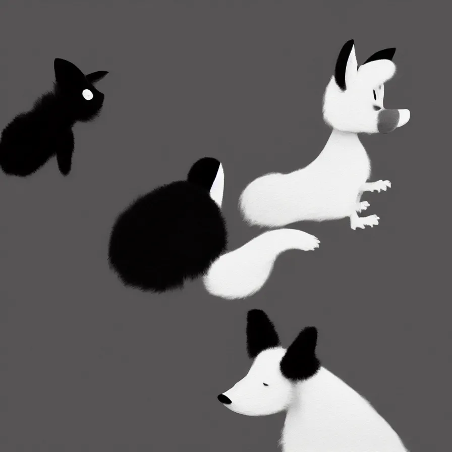 Image similar to Goro Fujita illustrating a beautiful black and white fluffy dog, with big ears on a plain background, art by Goro Fujita, sharp focus, highly detailed, ArtStation