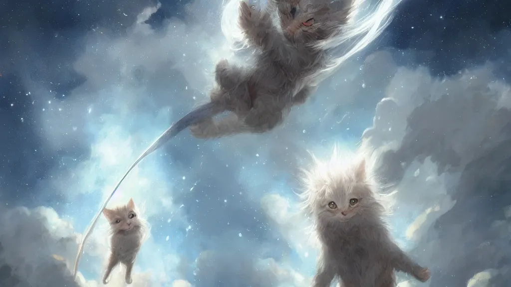 Image similar to a single cartoonish kitten dressed as Gandalf floating in space, bright stars, anime, a fantasy digital painting by Greg Rutkowski and James Gurney, trending on Artstation, highly detailed