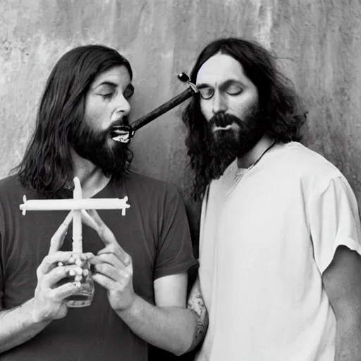 Prompt: jesus and satan smoking a bong together, award winning candid photography, cinematic