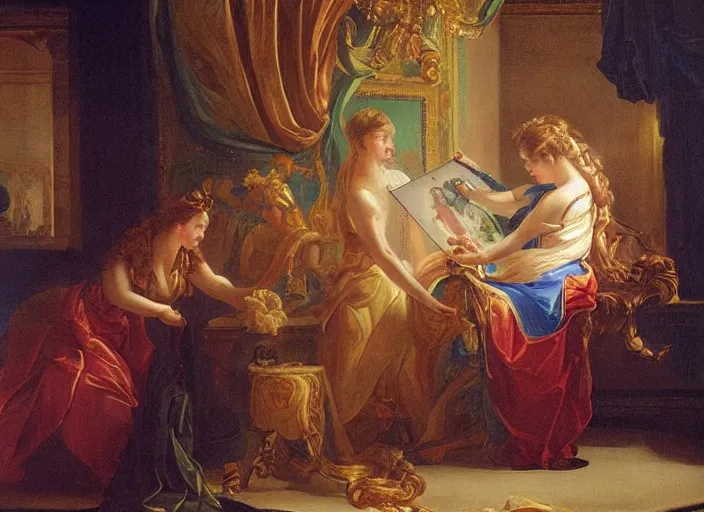 Prompt: a beautiful painting of an artificial intelligence painting another artificial intelligence, highly detailed, dramatic lighting, rococo, neoclassicism