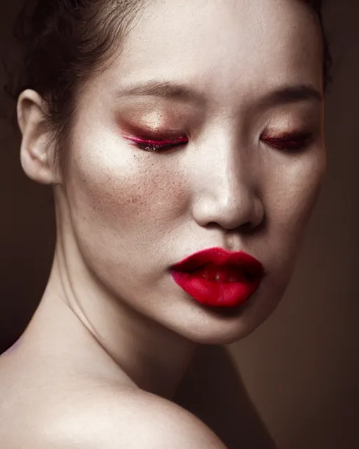 Image similar to Portrait of a woman, close-up, high sharpness, zeiss lens, fashion photo shoot, peony flowers, red hair, red lipstick, in the background of gold, on their face stratsEnni Leibovitz and Steve McCurry, David Lazar, Zhong Lin, Jimmy Nelsson, Eiko Hosoe , artistic, hyper-realistic, beautiful face, octane rendering