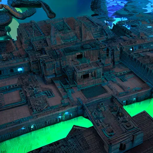 Prompt: Tenochtitlan, extra detailed, digital art, trending on artstation and unreal engine, 8k, green and blue tones only