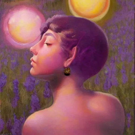 Prompt: a girl with three eyes : : on 5 translucent luminous spheres, full of floral and berry fillings, in an ocean of lavender color by frank frazetta