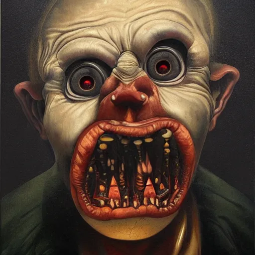 Image similar to oil painting with black background by christian rex van minnen robert williams todd schorr of a portrait of an extremely bizarre disturbing mutated man with acne intense chiaroscuro lighting perfect composition masterpiece