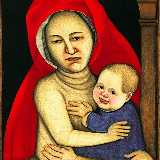 Prompt: painting of a baby that looks like benjamin netanyahu smiling while being held by his mother, by duccio