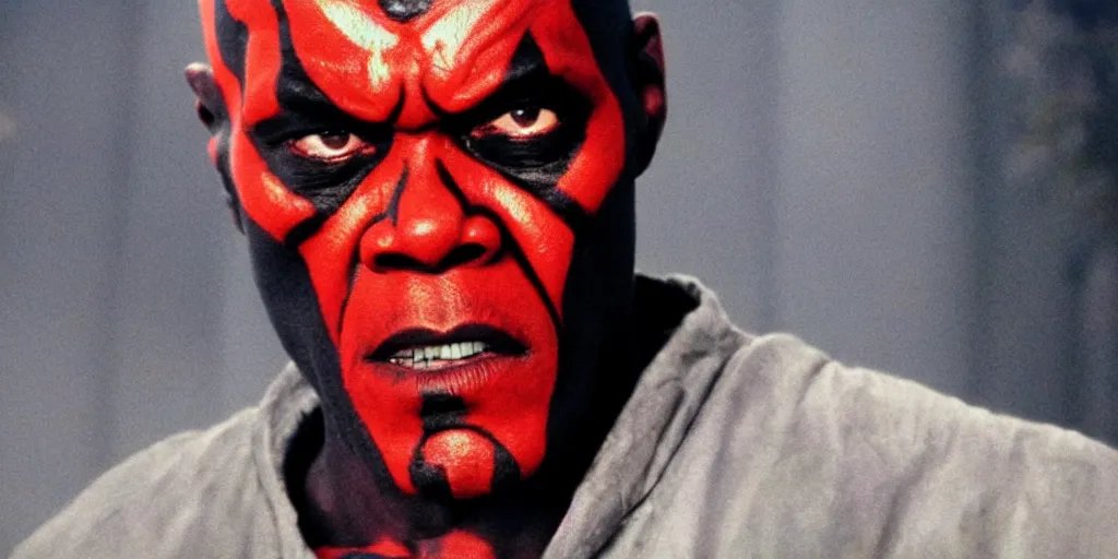 Prompt: a film still of samuel l. jackson starring in a blockbuster film as darth maul from star wars, shallow depth of field, cinematic, award winning cgi, vfx, film still
