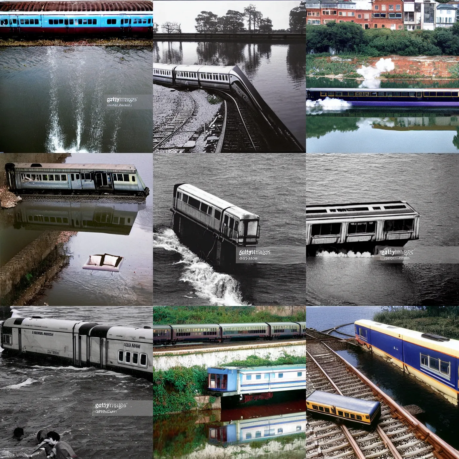 Prompt: a train that has fallen over into the water, a stock photo by leandro erlich, pixiv, ecological art, associated press photo, photo, 1 9 9 0 s