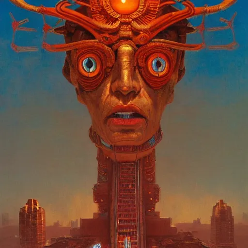 Prompt: giant mayan joe biden with flaming eyes standing over city, perfectly clear face, by j. c. leyendecker and beksinski