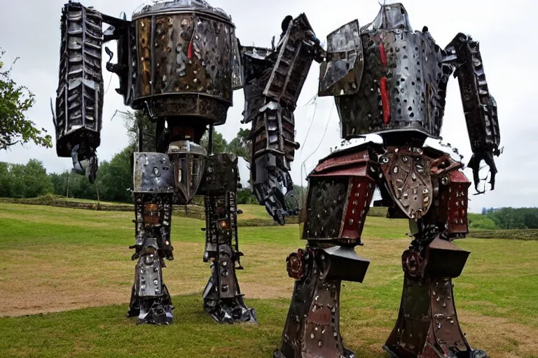 Prompt: a giant mech made out of medieval knights armor and parts standing in an old english village