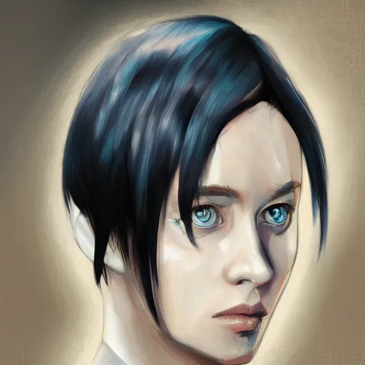 Image similar to « portrait, attractive, blue eyes, black hair, middle length hair, ghost in the shell, front view, digital painting »