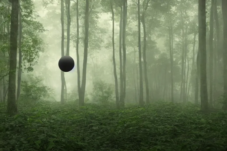 Prompt: a complex organic fractal 3 d ceramic sphere floating in a lush forest, foggy, cinematic shot, photo still from movie by denis villeneuve
