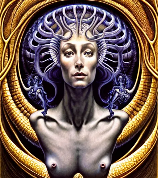 Prompt: detailed realistic beautiful young cher alien robot as queen of andromeda galaxy portrait by iris van herpen, jean delville, gustave dore and marco mazzoni, art nouveau, symbolist, visionary, baroque, giant fractal details. horizontal symmetry by zdzisław beksinski, raymond swanland and alphonse mucha. highly detailed, hyper - real, beautiful