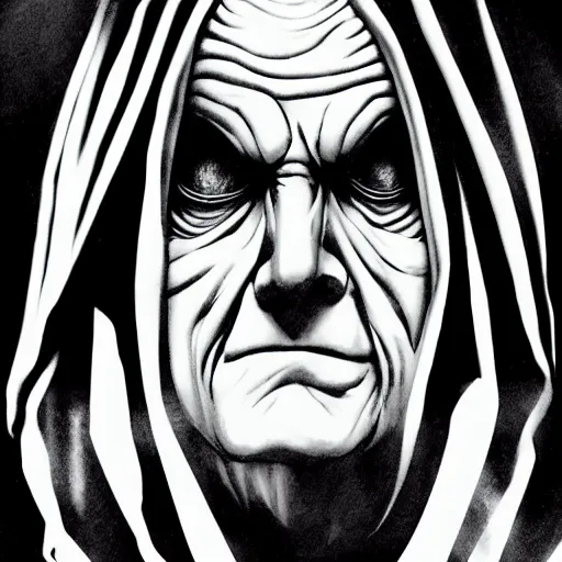 Image similar to Emperor Palpatine portrait in the style of Junji Ito. Manga. Black & White. Gothic. Horror. Exquisitely detailed. 4K.