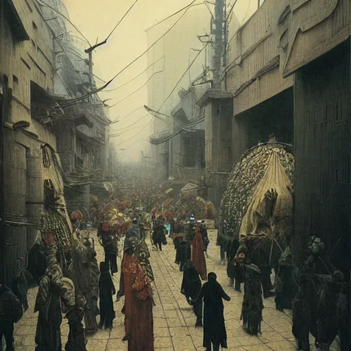 Prompt: portrait of parade of peasants in costumes in the art deco streets of the industrial Undying Empire city of ya-Don during the Festival of Masks, award-winning realistic sci-fi concept art by Beksinski, Bruegel, Greg Rutkowski, Alphonse Mucha, and Yoshitaka Amano