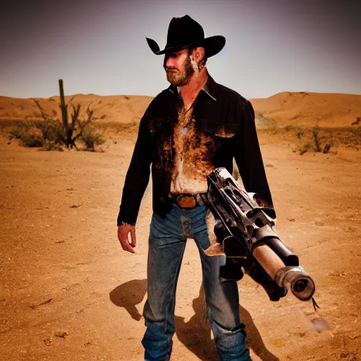 Prompt: an annoyed cowboy in a desert pointing his gun at a skeleton. Studio photography