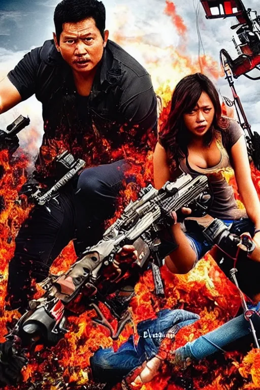 Prompt: movie poster, indonesian action movie, colossal, indonesia city, explosion and action