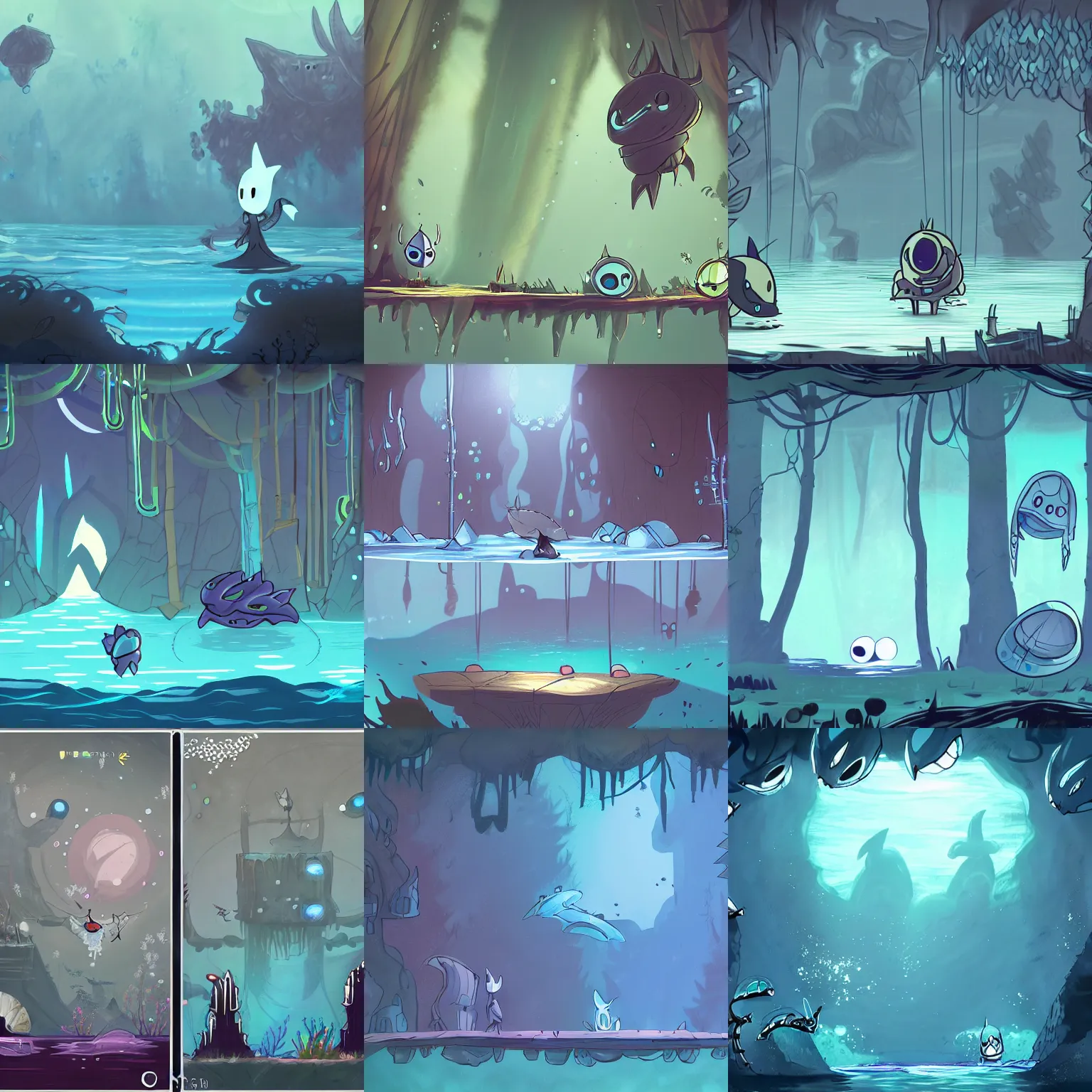 Prompt: concept art for a 2d side scroller adventure game set underwater inspired by hollow knight and night in the woods