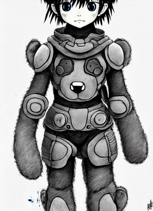 Image similar to beautiful little boy wearing an cyborg bear suit, artwork in kentaro miura and made in abyss and rosdraws, smooth, beautiful lightness, anatomically correct, trending on pixiv, forest