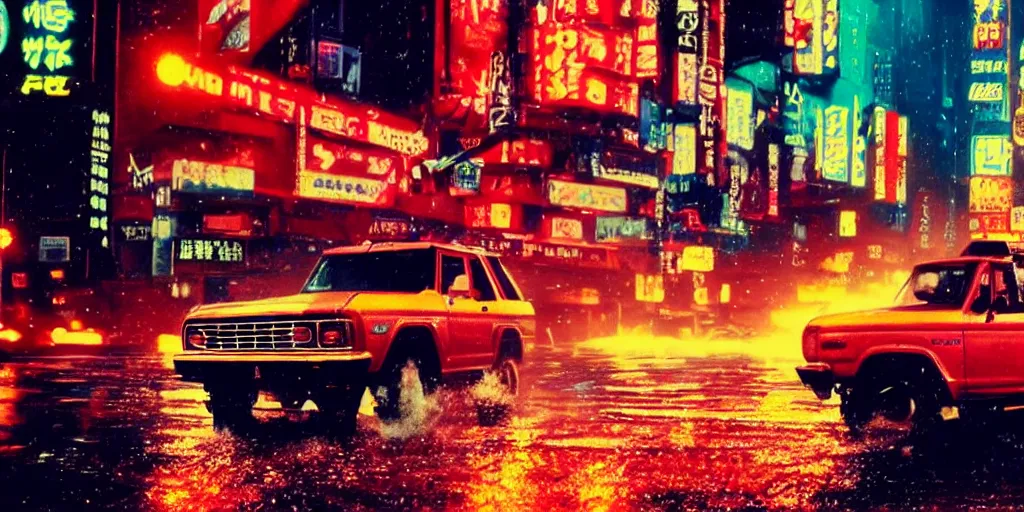 Prompt: a single ford bronco, speeding down tokyo highway in the rain, night time, neon lights, thunderstorm, movie still from the film bladerunner