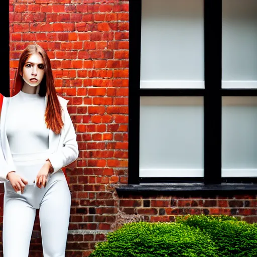 Prompt: un ultra high definition editorial photographic portrait of a female designer standing outside her trendy red brick london home wearing all white. wide angle. three point light. golden hour, golden ratio, ray tracing, volumetric light and shadow, shallow depth of field.