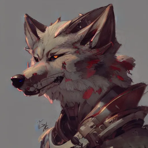 Image similar to concept art of anthropomorphized wolf, highly detailed painting by dustin nguyen, akihiko yoshida, greg tocchini, 4 k, trending on artstation, 8 k