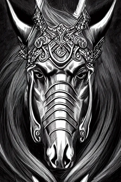 Prompt: evil horse with a horn, symmetrical, highly detailed, digital art, sharp focus, trending on art station, kentaro miura manga art style