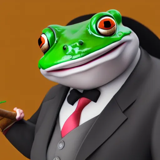 Image similar to a high quality photo of an antropomorphic frog wearing a suit smoking a cigar cigar cigar cigar, 3d scene, render, ultra realistic, artstation, cgsociety