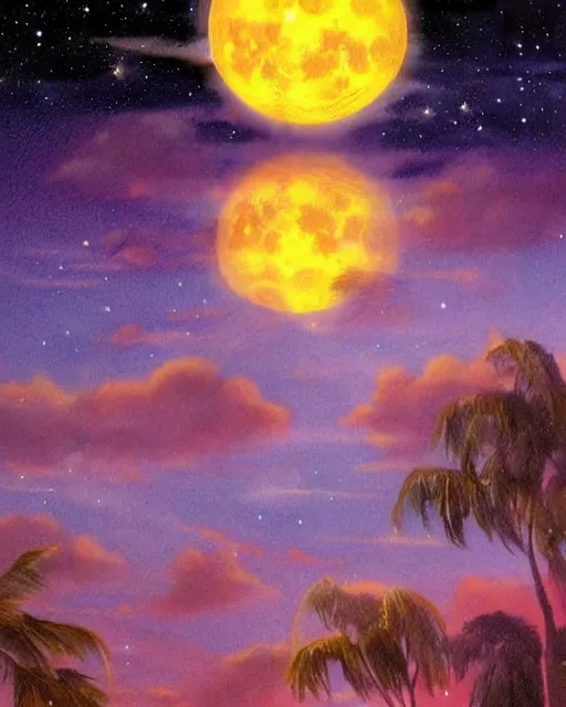 Prompt: full moon night sky background, airbrush, drew struzan illustration art, key art, movie poster