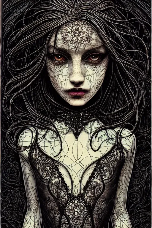 Prompt: dreamy gothic girl, nice long black leather, detailed acrylic, grunge, intricate complexity, by dan mumford and by alberto giacometti, peter lindbergh