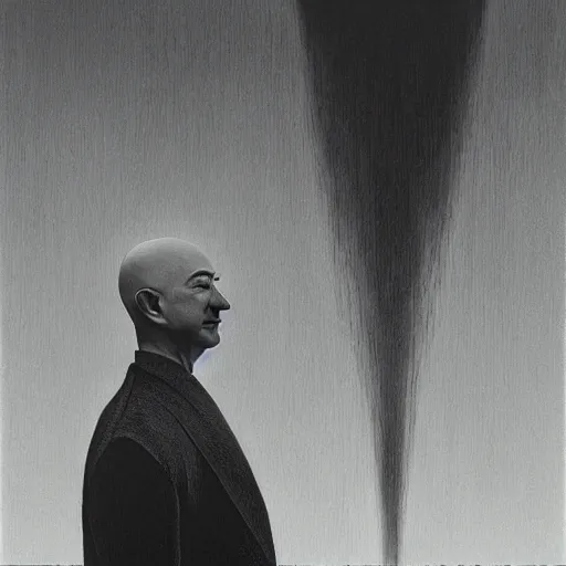 Image similar to Jeff Bezos at the edge of time, moody, dramatic, masterpiece by Zdzisław Beksiński