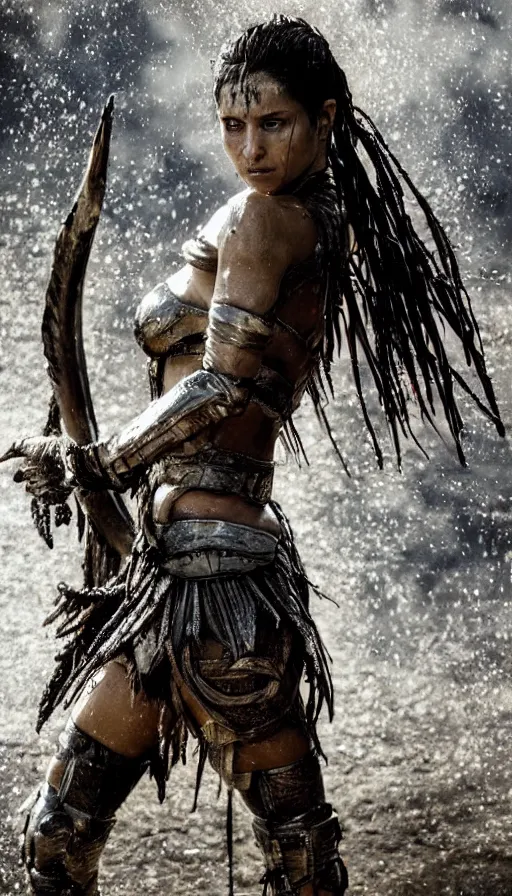 Image similar to wet ancient princess tribeswoman in battlerage, destroyed armor inspired by monster hunter, low shot camera, muscular, symmetrical face, clean face, subtle make up, debris and arrows flies around her, frozen time effect,dramatic lighting, cinematic, establishing shot, extremely high detail, photorealistic, 300 the movie,monster hunter the movie, dune the movie, cinematic lighting, artstation, octane render, western,old photo, vintage