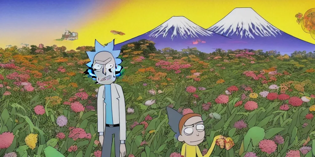 Image similar to Rick and Morty in a Field of mixed flowers, Mount Fuji blurred in the background, good news on Sunday, chinese ancient painting