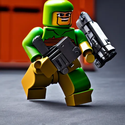 Image similar to doomguy as a lego figure, 4k, high detail, high-resolution photograph, professional photography, ultra-detail, lego