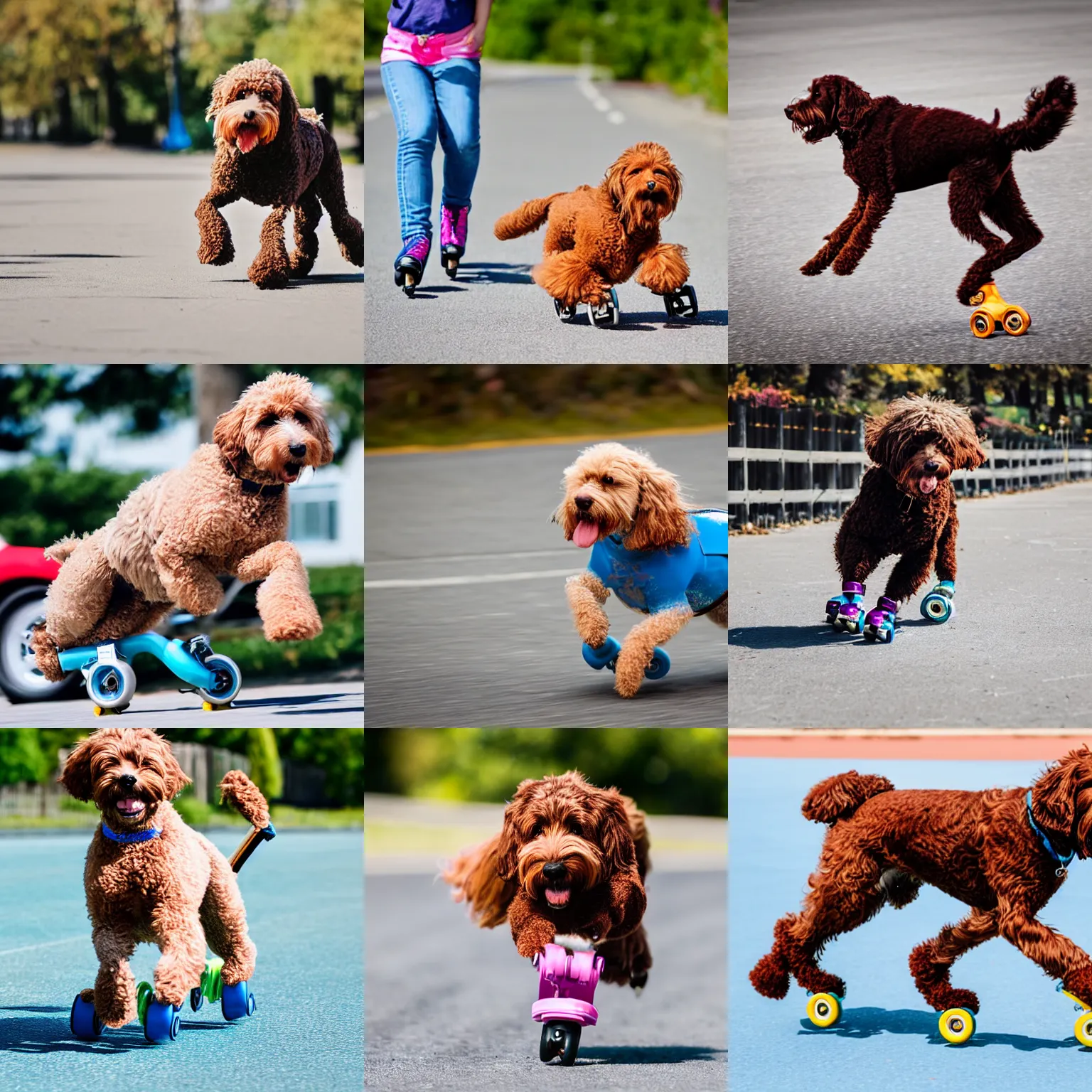 Prompt: action shot of a panicked labradoodle in roller skates