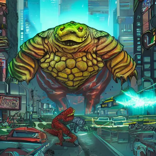 Image similar to giant cybertoad of death destroying a city