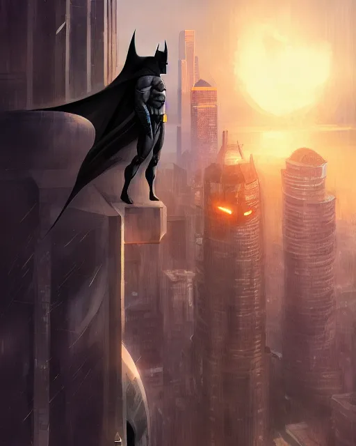 Image similar to jeff bezos as batman looking over seattle, medium shot close up, details, sharp focus, illustration, by jordan grimmer and greg rutkowski, trending artstation, pixiv, digital art