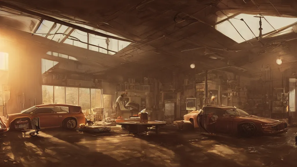 Image similar to a photorealistic hyperrealistic render of an interior of a beautiful cozy garage repair shop by pixar, greg rutkowski, wlop, artgerm, dramatic moody sunset lighting, long shadows, volumetric, cinematic atmosphere, octane render, artstation, 8 k