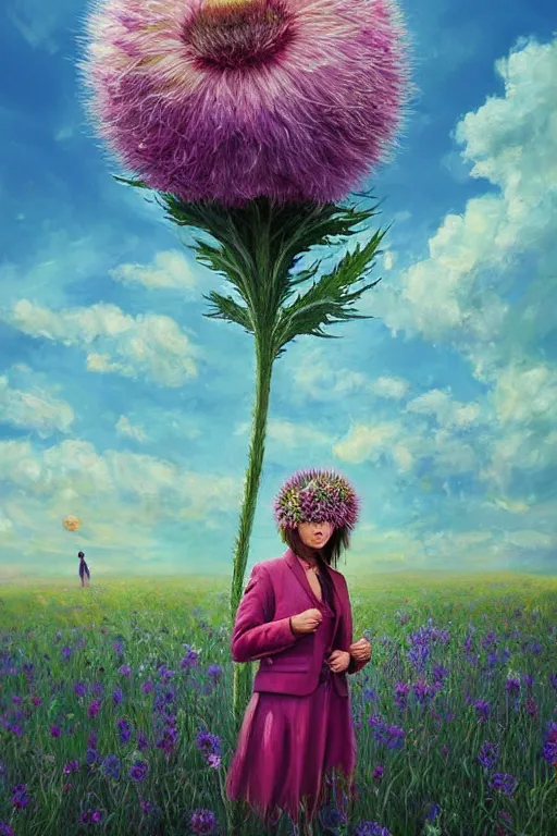 Prompt: portrait, enormous thistle flower under the head, a girl in a suit in a field of flowers, surreal photography, sunrise, blue sky, dramatic light, impressionist painting, digital painting, artstation, simon stalenhag