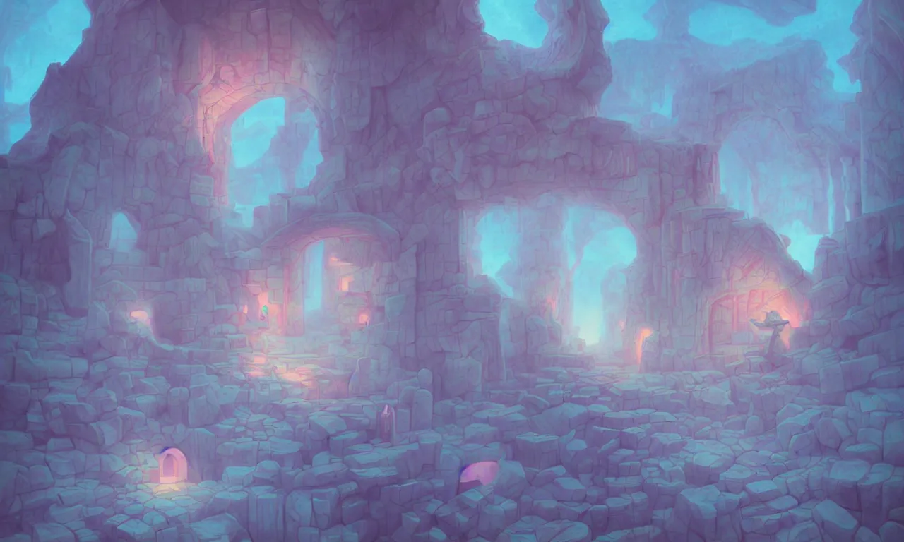 Image similar to kerberos realm, faked ticket, pastel colors, abandoned, ravine, 3 d art, digital illustration, perfect lighting