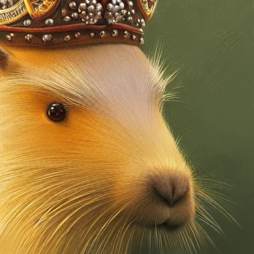 Image similar to detailed photorealistic painting of a capybara wearing a detailed ornamented golden crown sharp focus in the style of ruan jia, Mandy jurgens, cinematic light, concept art, trending on artstation, ultra realistic