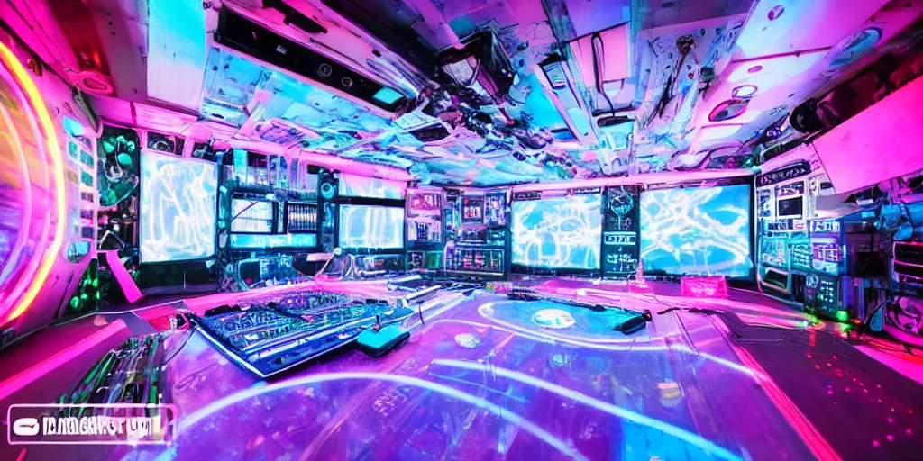 Prompt: giant speaker system audio visual holographic projection music recording studio in the interior of an international space station. filled with neon lights electronic dj equipment, modular synthesizer with cables everywhere. photorealistic 35mm 4k cgsociety