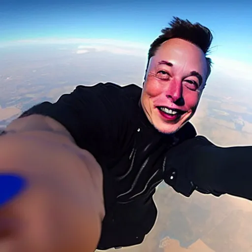 Prompt: a selfie taken by Elon Musk while doing skydiving