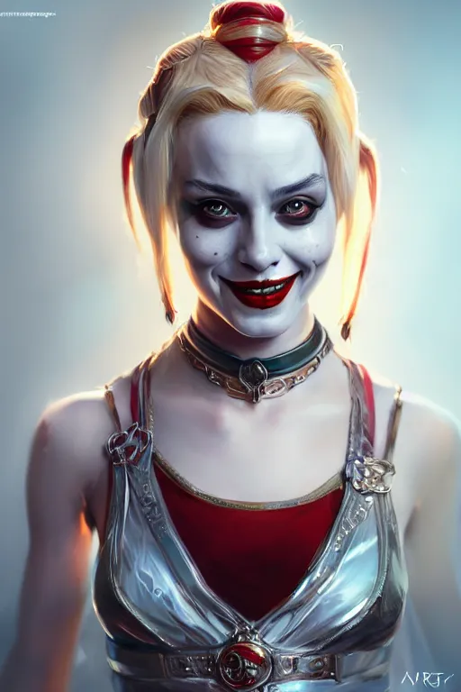 Image similar to highly detailed portrait of an elegant harley quinn, ornate crown, beautiful symmetrical face, glowing skin, digital painting, artstation, concept art, smooth, clear focus, illustration, greg rutkowski, artgerm, global lighting, detailed and fantasy