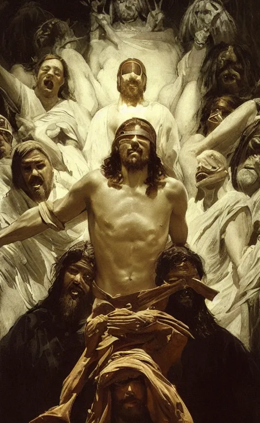 Image similar to jesus christ wearing blindfold!!!!! sitting on a huge!!!! throne of entwined bodies, elegant, ominous, highly detailed painting by goya!!! phil hale!! gaston bussiere, craig mullins, j. c. leyendecker, 8 k, mid shot