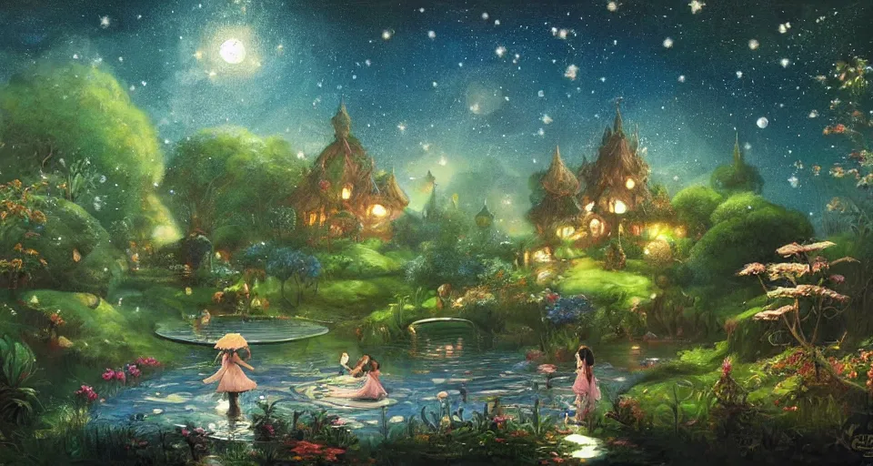 Image similar to a whimsical fairyland with a pond, starry sky, ambient lighting, fantasy art, fennando amorsolo style art