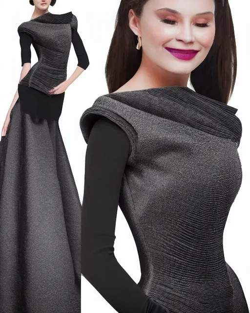 Prompt: ball shaped accordion sleeve haute couture, striking pose, dynamic folds, volume flutter, modeled by designer bust, expert composition, professional retouch