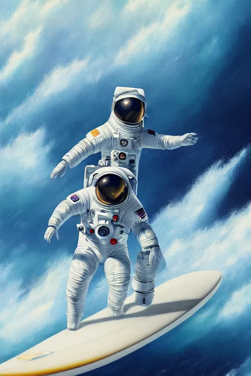 Image similar to a beautiful digital painting of an astronaut in a white space suit surfing the great wave on a surfboard by greg rutkowski, photorealistic, trending on artstation, highly detailed, intricate, unreal engine, octane render