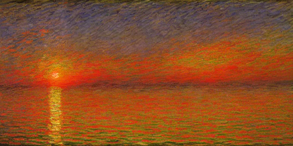 Prompt: An aesthetically pleasing, dynamic, energetic, lively, well-designed digital art of a sunset, light and shadow, caustics, by Claude Monet, superior quality, masterpiece, excellent use of negative space.