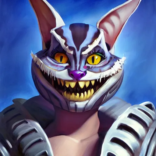 Prompt: greg manchess portrait painting of partially armored cheshire cat from alice in wonderland as overwatch character, medium shot, asymmetrical, profile picture, organic painting, sunny day, matte painting, bold shapes, hard edges, street art, trending on artstation, by huang guangjian, gil elvgren, ruan jia, randy vargas, greg rutkowski