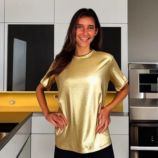 Prompt: an instagram photo of a brunette female, young, athletic, australian, wearing a gold tshirt in a kitchen